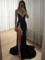 Sheath V-neck Rhinestone Sweep Train Velvet Sequins Dress