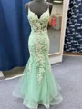 Mermaid V-neck Appliques Lace Floor-Length Tulle Corset Dress