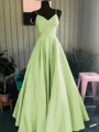 A-Line/Princess Spaghetti Straps Floor-Length Satin Prom Dresses With Ruffles