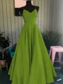 A-Line/Princess Spaghetti Straps Floor-Length Satin Prom Dresses With Ruffles
