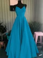 A-Line/Princess Spaghetti Straps Floor-Length Satin Prom Dresses With Ruffles