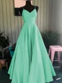 A-Line/Princess Spaghetti Straps Floor-Length Satin Prom Dresses With Ruffles