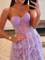 A-line Sweetheart Cascading Ruffles Sweep Train Corset Dress