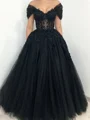 A-line Off-the-Shoulder Appliques Lace Floor-Length Tulle Corset Dress
