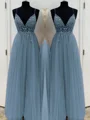A-Line/Princess V-neck Floor-Length Tulle Prom Dresses With Beading