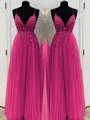 A-Line/Princess V-neck Floor-Length Tulle Prom Dresses With Beading
