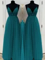 A-Line/Princess V-neck Floor-Length Tulle Prom Dresses With Beading