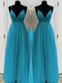 A-Line/Princess V-neck Floor-Length Tulle Prom Dresses With Beading
