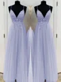 A-Line/Princess V-neck Floor-Length Tulle Prom Dresses With Beading