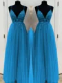 A-Line/Princess V-neck Floor-Length Tulle Prom Dresses With Beading