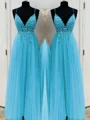 A-Line/Princess V-neck Floor-Length Tulle Prom Dresses With Beading