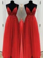A-Line/Princess V-neck Floor-Length Tulle Prom Dresses With Beading