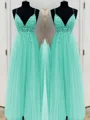 A-Line/Princess V-neck Floor-Length Tulle Prom Dresses With Beading