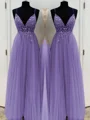 A-Line/Princess V-neck Floor-Length Tulle Prom Dresses With Beading