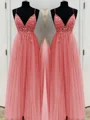 A-Line/Princess V-neck Floor-Length Tulle Prom Dresses With Beading