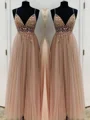 A-Line/Princess V-neck Floor-Length Tulle Prom Dresses With Beading
