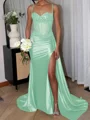 Sheath/Column Silk Like Satin Spaghetti Straps Sleeveless Sweep Train Leg Slit Dress