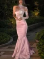 Trumpet/Mermaid One-Shoulder Sweep Train Silk Like Satin Prom Dresses With Appliques Lace