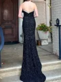Sheath V-neck Beading Sweep Train Velvet Sequins Dress
