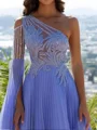 A-line One-Shoulder Long Sleeves Appliques Lace Sweep Train Chiffon Dress