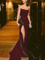 Sheath/Column Strapless Court Train Silk Like Satin Prom Dresses With Leg Slit