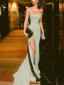 Sheath/Column Strapless Court Train Silk Like Satin Prom Dresses With Leg Slit
