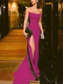 Sheath/Column Strapless Court Train Silk Like Satin Prom Dresses With Leg Slit