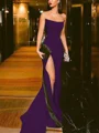 Sheath/Column Strapless Court Train Silk Like Satin Prom Dresses With Leg Slit