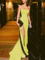 Sheath/Column Strapless Court Train Silk Like Satin Prom Dresses With Leg Slit