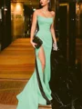 Sheath/Column Strapless Court Train Silk Like Satin Prom Dresses With Leg Slit