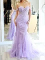 Sheath Off-the-Shoulder Appliques Lace Sweep Train Tulle Corset Dress