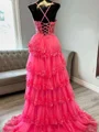 A-line V-neck Appliques Lace Sweep Train Tulle Corset Dress