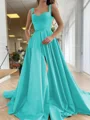 A-Line/Princess Straps Court Train Satin Prom Dresses With Pockets