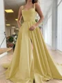 A-Line/Princess Straps Court Train Satin Prom Dresses With Pockets