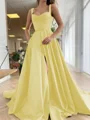A-Line/Princess Straps Court Train Satin Prom Dresses With Pockets