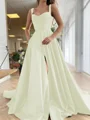 A-Line/Princess Straps Court Train Satin Prom Dresses With Pockets