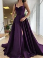A-Line/Princess Straps Court Train Satin Prom Dresses With Pockets