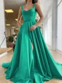A-Line/Princess Straps Court Train Satin Prom Dresses With Pockets