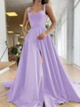 A-Line/Princess Straps Court Train Satin Prom Dresses With Pockets