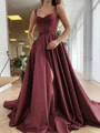 A-Line/Princess Straps Court Train Satin Prom Dresses With Pockets