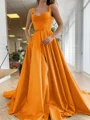 A-Line/Princess Straps Court Train Satin Prom Dresses With Pockets