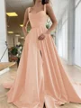 A-Line/Princess Straps Court Train Satin Prom Dresses With Pockets