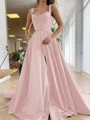 A-Line/Princess Straps Court Train Satin Prom Dresses With Pockets