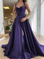 A-Line/Princess Straps Court Train Satin Prom Dresses With Pockets