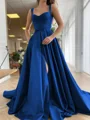 A-Line/Princess Straps Court Train Satin Prom Dresses With Pockets