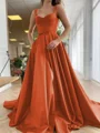 A-Line/Princess Straps Court Train Satin Prom Dresses With Pockets