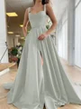 A-Line/Princess Straps Court Train Satin Prom Dresses With Pockets