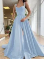 A-Line/Princess Straps Court Train Satin Prom Dresses With Pockets