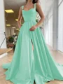 A-Line/Princess Straps Court Train Satin Prom Dresses With Pockets