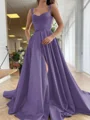A-Line/Princess Straps Court Train Satin Prom Dresses With Pockets